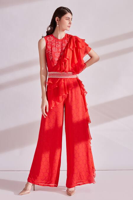 Buy_Namrata Joshipura_Red Viscose Georgette Round Bandhej Print Frill Jumpsuit _Online_at_Aza_Fashions