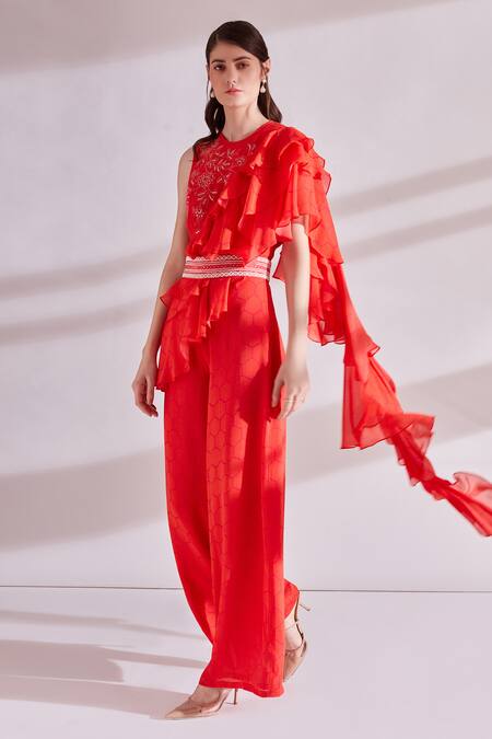 Shop_Namrata Joshipura_Red Viscose Georgette Round Bandhej Print Frill Jumpsuit _Online_at_Aza_Fashions