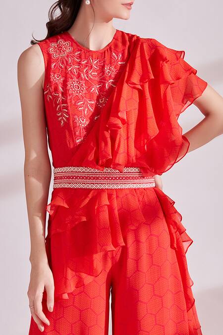 Namrata Joshipura_Red Viscose Georgette Round Bandhej Print Frill Jumpsuit _at_Aza_Fashions