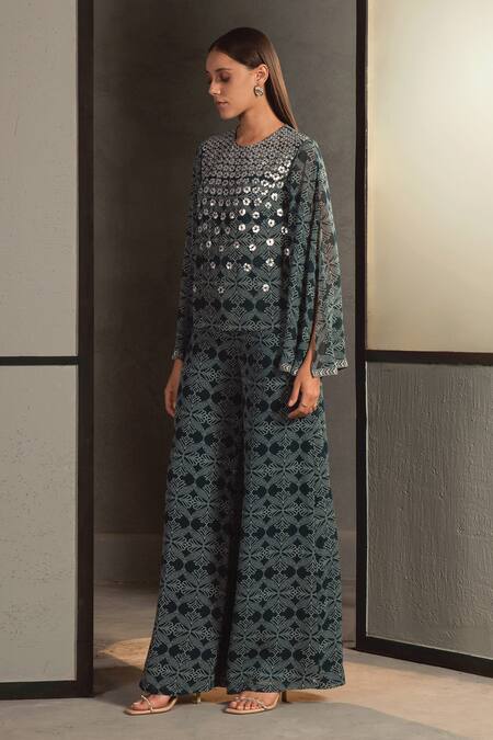 Namrata Joshipura_Blue Georgette Embroidery Round Bandhani Motif Jumpsuit _Online_at_Aza_Fashions