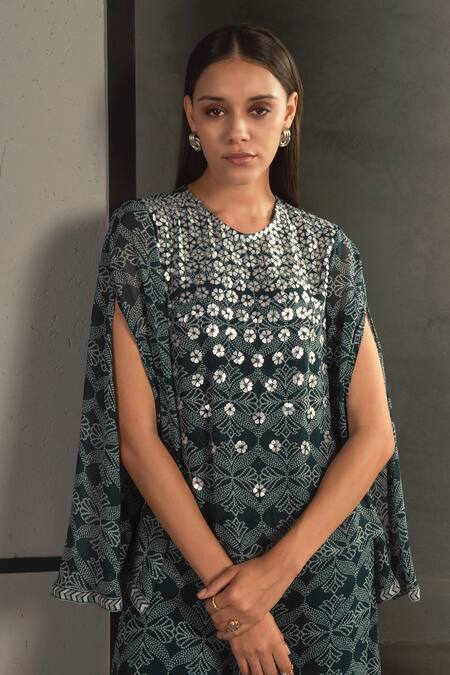 Shop_Namrata Joshipura_Blue Georgette Embroidery Round Bandhani Motif Jumpsuit _Online_at_Aza_Fashions