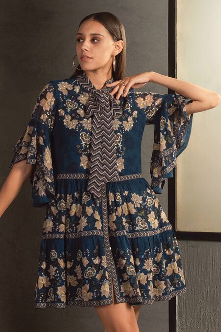 Buy_Namrata Joshipura_Blue Georgette Embroidery Tie-up Floral Motif Dress _Online_at_Aza_Fashions