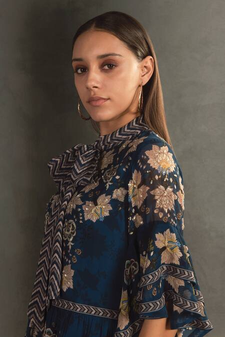 Shop_Namrata Joshipura_Blue Georgette Embroidery Tie-up Floral Motif Dress _Online_at_Aza_Fashions