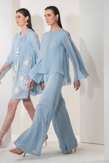 Buy_Namrata Joshipura_Blue Georgette Embellished Sequin Work Round Neck Jumpsuit _Online_at_Aza_Fashions