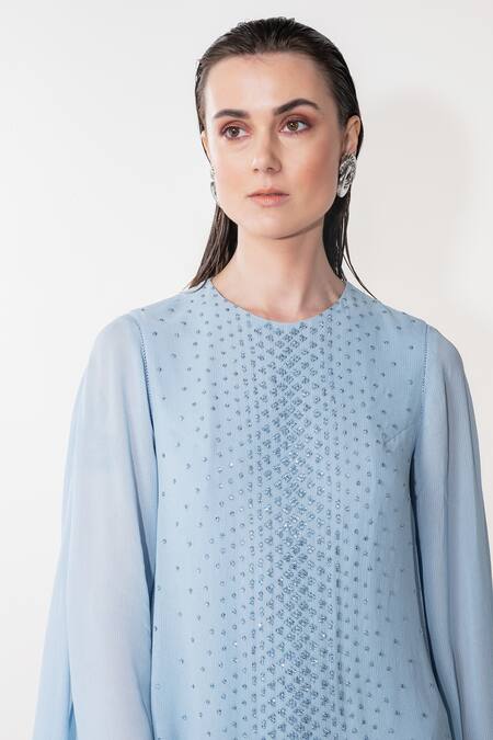 Shop_Namrata Joshipura_Blue Georgette Embellished Sequin Work Round Neck Jumpsuit _Online_at_Aza_Fashions