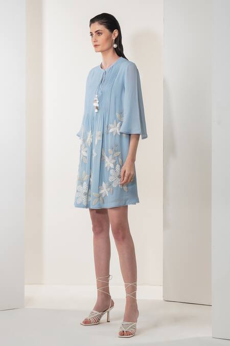Namrata Joshipura_Blue Georgette Embellished Floral Motifs Viola Bloom Gathered Dress _Online_at_Aza_Fashions