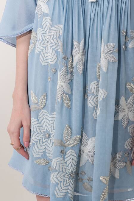 Shop_Namrata Joshipura_Blue Georgette Embellished Floral Motifs Viola Bloom Gathered Dress _Online_at_Aza_Fashions