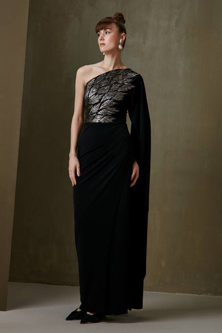 Namrata Joshipura_Black Jersey Leaves Motif One Shoulder Gown _Online_at_Aza_Fashions