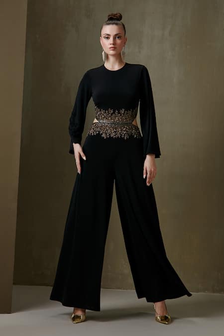 Shop Namrata Joshipura Black Jersey Embellishment And Bugle Round Cypress Wide Leg Jumpsuit at Aza Fashions Shop_Namrata Joshipura_Black Jersey Embellishment And Bugle Round Cypress Wide Leg Jumpsuit _at_Aza_Fashions