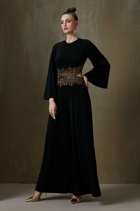 Namrata Joshipura Black Jersey Embellishment And Bugle Round Cypress Wide Leg Jumpsuit Online at Aza Fashions Namrata Joshipura_Black Jersey Embellishment And Bugle Round Cypress Wide Leg Jumpsuit _Online_at_Aza_Fashions