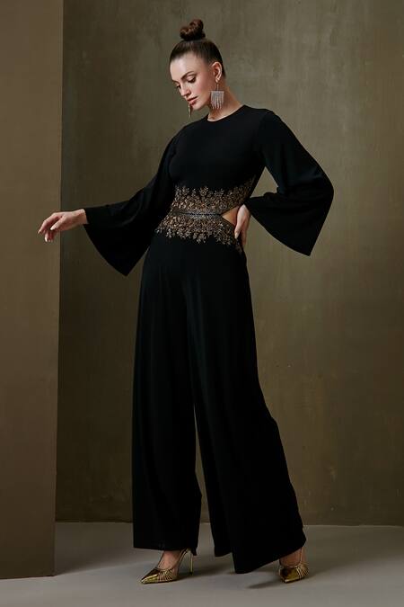 Buy Namrata Joshipura Black Jersey Embellishment And Bugle Round Cypress Wide Leg Jumpsuit Online at Aza Fashions Buy_Namrata Joshipura_Black Jersey Embellishment And Bugle Round Cypress Wide Leg Jumpsuit _Online_at_Aza_Fashions