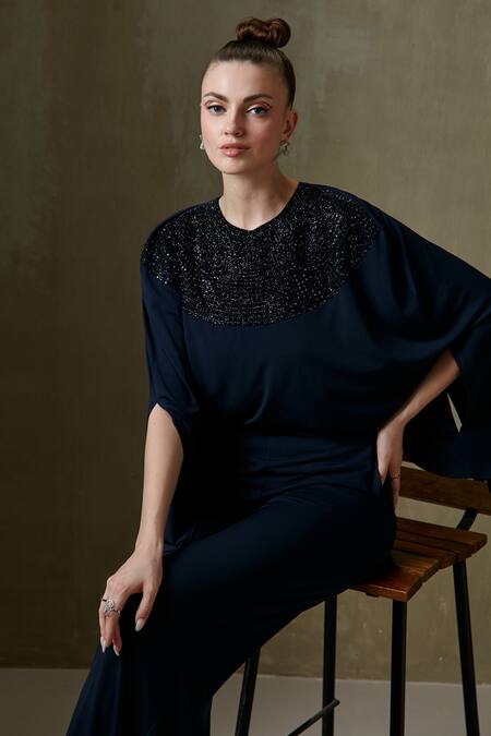 Shop_Namrata Joshipura_Blue Jersey Embellishment And Bugle Trinity Cape Jumpsuit _Online_at_Aza_Fashions