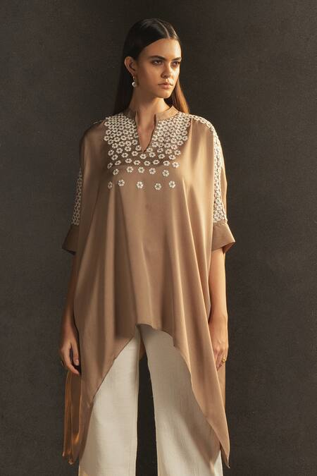 Namrata Joshipura Beige Satin Embroidery Band Collar Asymmetric Kaftan Tunic