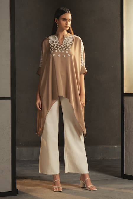 Namrata Joshipura_Beige Satin Embroidery Band Collar Asymmetric Kaftan Tunic _Online_at_Aza_Fashions