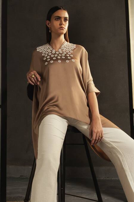 Buy_Namrata Joshipura_Beige Satin Embroidery Band Collar Asymmetric Kaftan Tunic _Online_at_Aza_Fashions