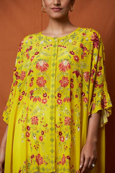 Shop_Namrata Joshipura_Yellow Crepe Asymmetric Printed Tunic_Online_at_Aza_Fashions