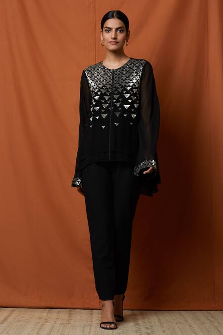Namrata Joshipura_Black Georgette Round Layered Asymmetric Top _Online_at_Aza_Fashions