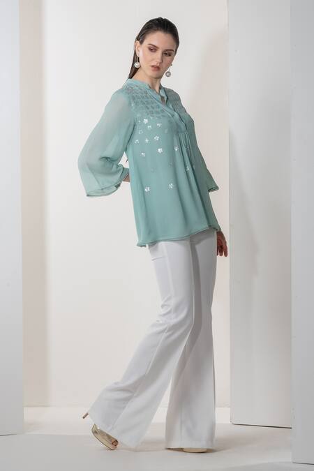 Namrata Joshipura_Blue Georgette Embellished Floral Motifs Notched Amaryllis Sequin Top _Online_at_Aza_Fashions