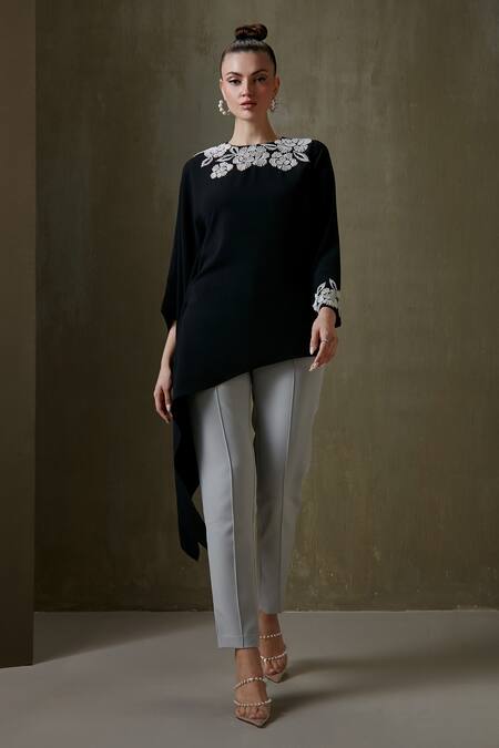 Buy Black Crepe Embellishment Beads Round Pearl Vine Asymmetric Tunic ...