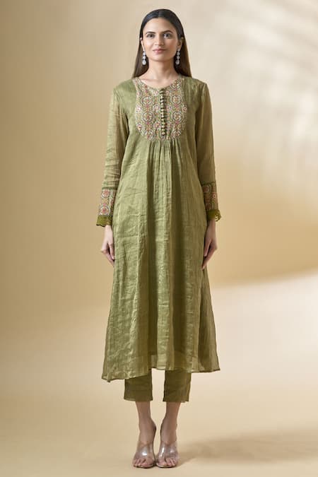 Buy Neha Khullar Green Organza, Tissue Chanderi Round Embroidered Kurta Set Online at Aza Fashions Buy_Neha Khullar_Green Organza, Tissue Chanderi Round Embroidered Kurta Set _Online_at_Aza_Fashions