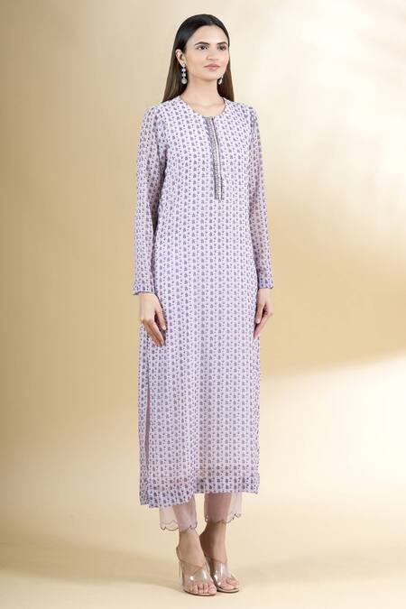 Neha Khullar Pink Chiffon, Chanderi Silk Round Floral Print Straight Kurta And Pant Set Online at Aza Fashions Neha Khullar_Pink Chiffon, Chanderi Silk Round Floral Print Straight Kurta And Pant Set _Online_at_Aza_Fashions