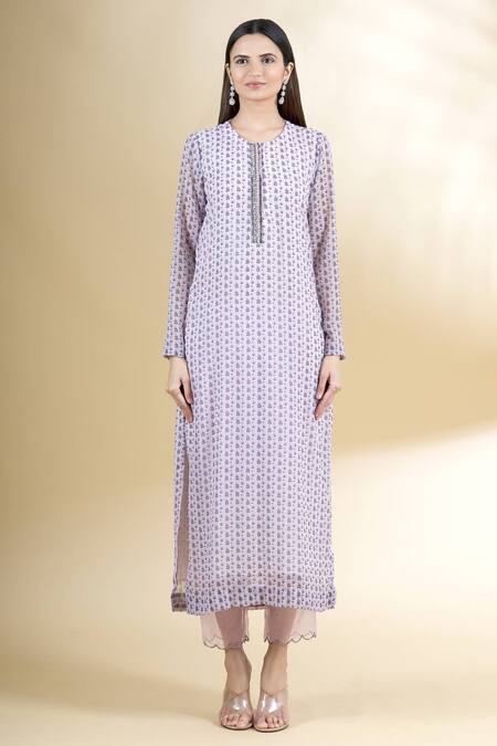 Buy Neha Khullar Pink Chiffon, Chanderi Silk Round Floral Print Straight Kurta And Pant Set Online at Aza Fashions Buy_Neha Khullar_Pink Chiffon, Chanderi Silk Round Floral Print Straight Kurta And Pant Set _Online_at_Aza_Fashions