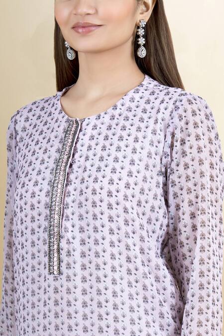 Neha Khullar Pink Chiffon, Chanderi Silk Round Floral Print Straight Kurta And Pant Set at Aza Fashions Neha Khullar_Pink Chiffon, Chanderi Silk Round Floral Print Straight Kurta And Pant Set _at_Aza_Fashions