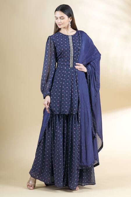Buy Neha Khullar Blue Chiffon Round Printed Kurta Sharara Set Online at Aza Fashions Buy_Neha Khullar_Blue Chiffon Round Printed Kurta Sharara Set _Online_at_Aza_Fashions