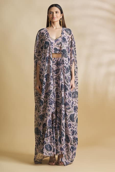Neha Khullar Pink Chiffon Top Sweetheart Neck Printed Skirt Set With Cape Online at Aza Fashions Neha Khullar_Pink Chiffon Top Sweetheart Neck Printed Skirt Set With Cape _Online_at_Aza_Fashions