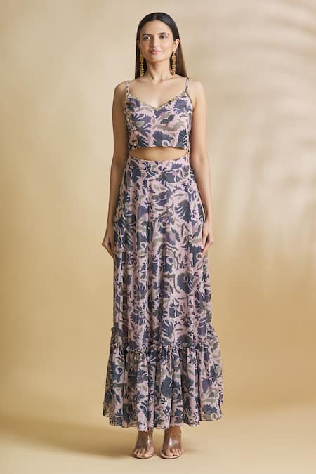Buy Neha Khullar Pink Chiffon Top Sweetheart Neck Printed Skirt Set With Cape Online at Aza Fashions Buy_Neha Khullar_Pink Chiffon Top Sweetheart Neck Printed Skirt Set With Cape _Online_at_Aza_Fashions