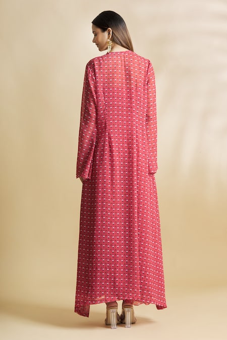 Shop Neha Khullar Red Handloom Chanderi, Silk Kota Top Sweetheart Printed Pant Set With Jacket at Aza Fashions Shop_Neha Khullar_Red Handloom Chanderi, Silk Kota Top Sweetheart Printed Pant Set With Jacket _at_Aza_Fashions