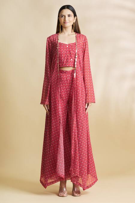 Neha Khullar Red Handloom Chanderi, Silk Kota Top Sweetheart Printed Pant Set With Jacket Online at Aza Fashions Neha Khullar_Red Handloom Chanderi, Silk Kota Top Sweetheart Printed Pant Set With Jacket _Online_at_Aza_Fashions