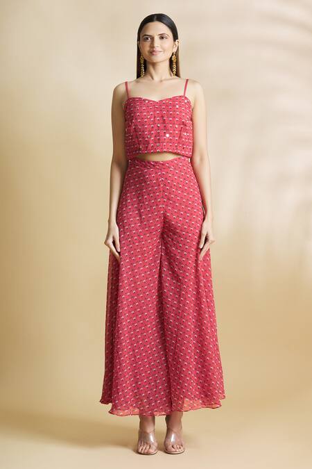 Buy Neha Khullar Red Handloom Chanderi, Silk Kota Top Sweetheart Printed Pant Set With Jacket Online at Aza Fashions Buy_Neha Khullar_Red Handloom Chanderi, Silk Kota Top Sweetheart Printed Pant Set With Jacket _Online_at_Aza_Fashions