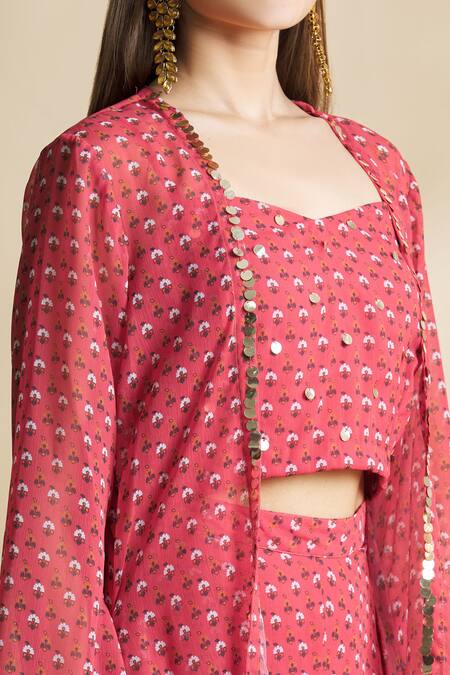 Neha Khullar Red Handloom Chanderi, Silk Kota Top Sweetheart Printed Pant Set With Jacket at Aza Fashions Neha Khullar_Red Handloom Chanderi, Silk Kota Top Sweetheart Printed Pant Set With Jacket _at_Aza_Fashions