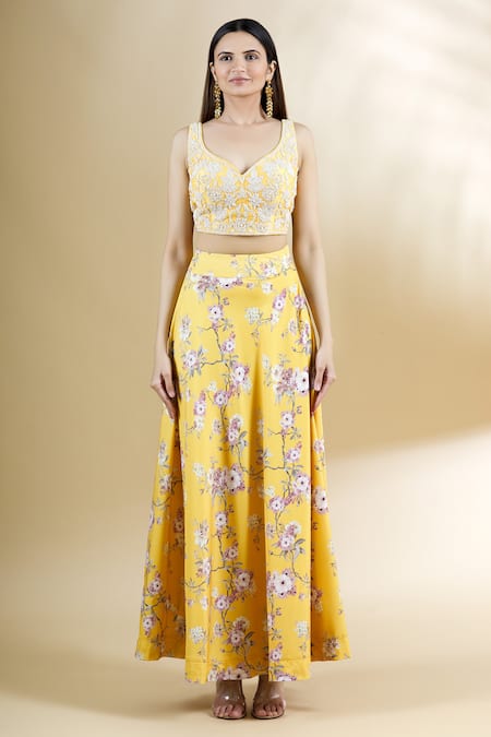 Buy_Neha Khullar_Yellow Crepe Blouse Leaf Printed Lehenga Set With Cape _Online_at_Aza_Fashions