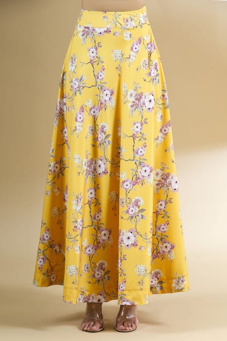 Shop_Neha Khullar_Yellow Crepe Blouse Leaf Printed Lehenga Set With Cape _Online_at_Aza_Fashions