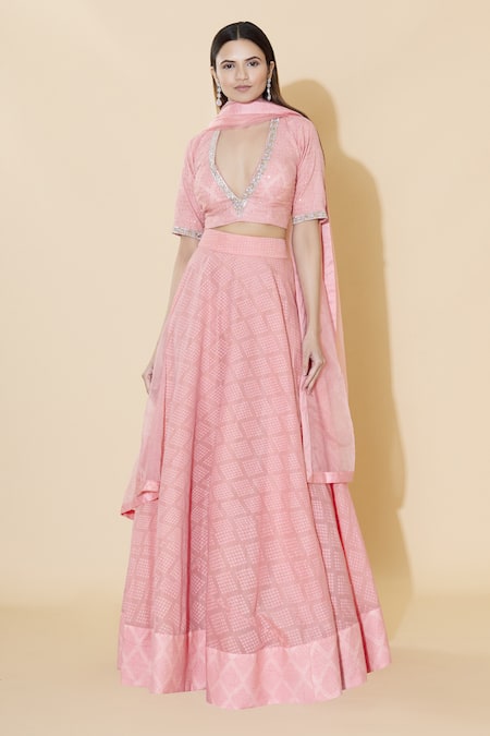 Neha Khullar_Pink Chanderi Silk V Neck Printed Lehenga Set _Online_at_Aza_Fashions