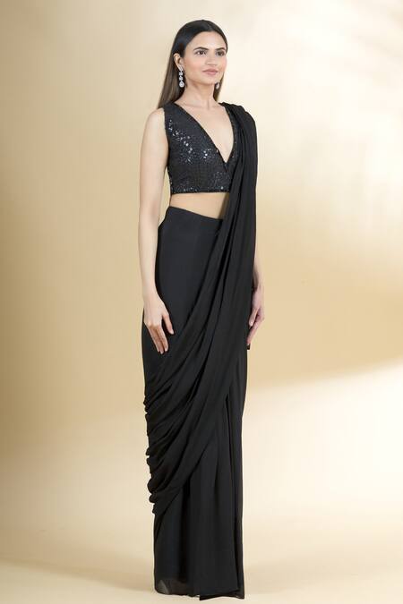 Neha Khullar Black Chiffon V Neck Pre-draped Saree With Blouse Online at Aza Fashions Neha Khullar_Black Chiffon V Neck Pre-draped Saree With Blouse _Online_at_Aza_Fashions