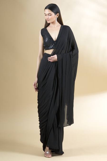 Buy Neha Khullar Black Chiffon V Neck Pre-draped Saree With Blouse Online at Aza Fashions Buy_Neha Khullar_Black Chiffon V Neck Pre-draped Saree With Blouse _Online_at_Aza_Fashions