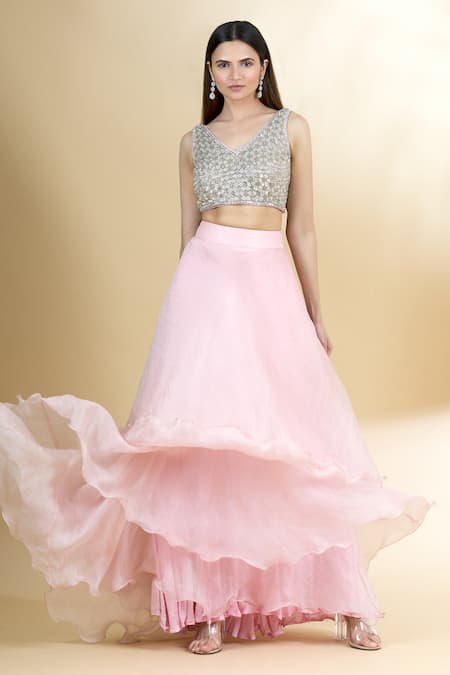 Buy_Neha Khullar_Pink Organza V Neck Ruffled Lehenga Set _Online_at_Aza_Fashions