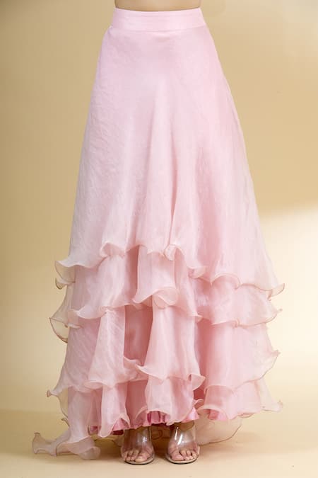 Shop_Neha Khullar_Pink Organza V Neck Ruffled Lehenga Set _Online_at_Aza_Fashions