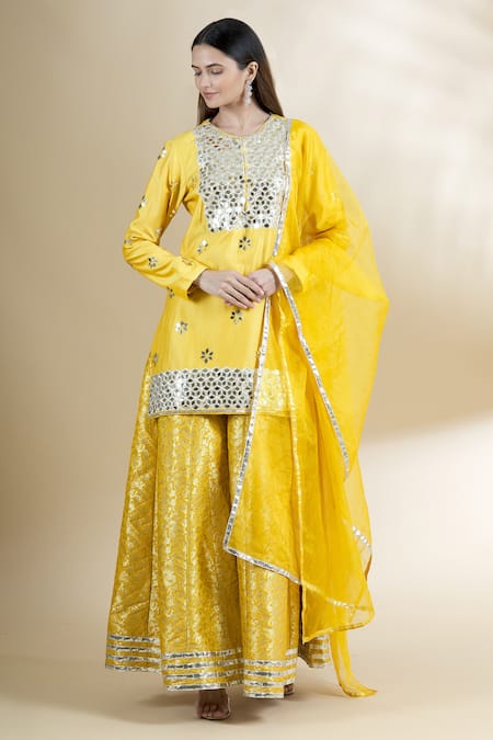 Neha Khullar Yellow Chanderi Silk Round Kurta Gharara Set 