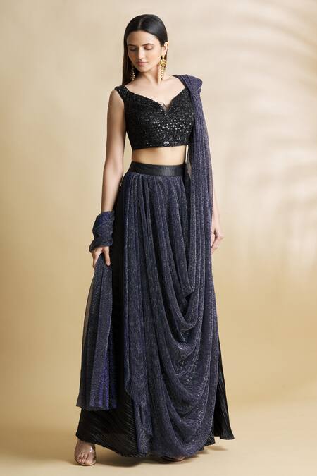 Buy_Neha Khullar_Black Satin, Lycra Sequins, Beads, Embroidery Pre-draped Skirt Saree Set For Kids_Online_at_Aza_Fashions