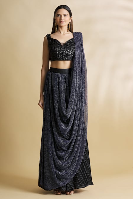 Shop_Neha Khullar_Black Satin, Lycra Sequins, Beads, Embroidery Pre-draped Skirt Saree Set For Kids_Online_at_Aza_Fashions