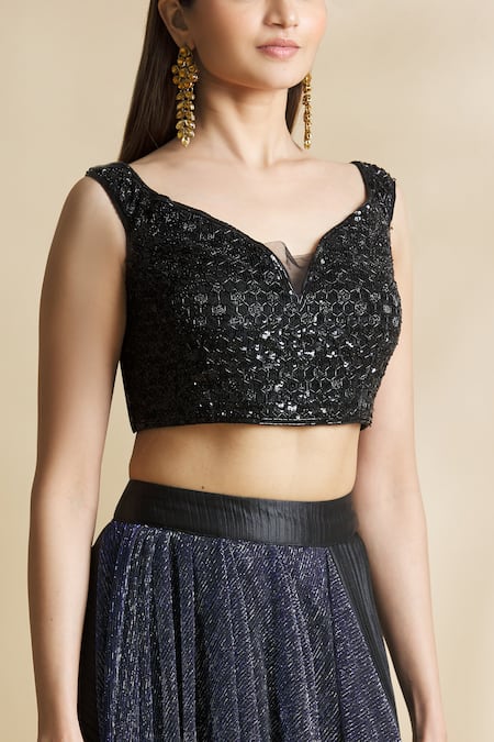 Neha Khullar_Black Satin, Lycra Sequins, Beads, Embroidery Pre-draped Skirt Saree Set For Kids_at_Aza_Fashions