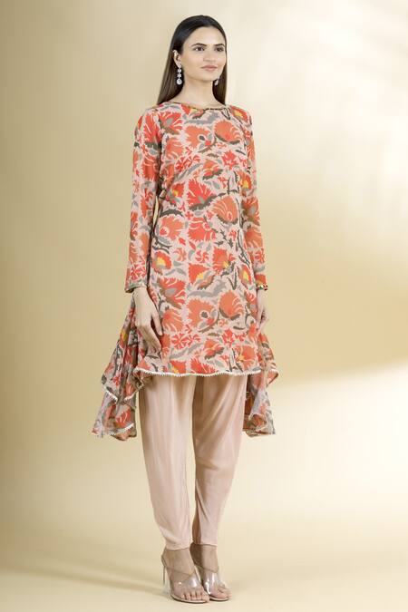 Neha Khullar Beige Chiffon Crepe Boat Printed Kurta And Dhoti Pant Set Online at Aza Fashions Neha Khullar_Beige Chiffon Crepe Boat Printed Kurta And Dhoti Pant Set _Online_at_Aza_Fashions