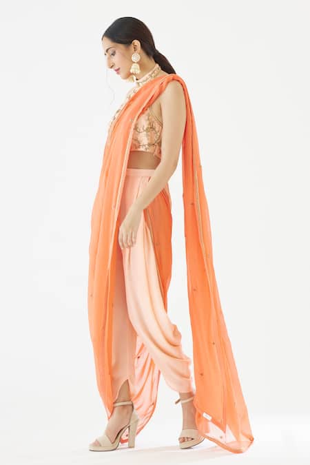 Nikasha_Peach 100% Viscose Georgette, Pure Raw Colorblock Dhoti Pant Saree With Blouse _Online_at_Aza_Fashions