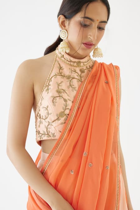 Buy_Nikasha_Peach 100% Viscose Georgette, Pure Raw Colorblock Dhoti Pant Saree With Blouse _Online_at_Aza_Fashions