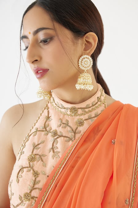 Shop_Nikasha_Peach 100% Viscose Georgette, Pure Raw Colorblock Dhoti Pant Saree With Blouse _Online_at_Aza_Fashions