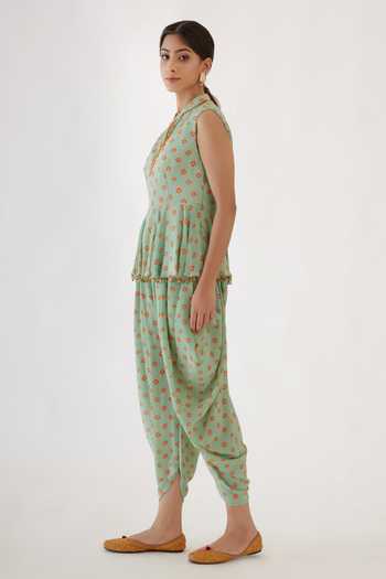 Nikasha_Green 100% Viscose Crepe Coin, Bandhani Printed Peplum Top And Dhoti Pant Set _Online_at_Aza_Fashions